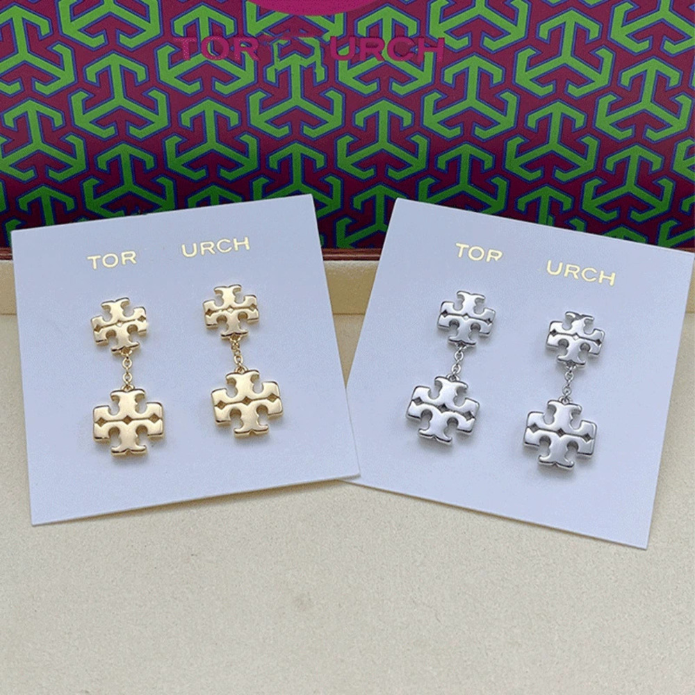 Tory Burch Gold Plated Bimetal Cross Stud Earrings Drop